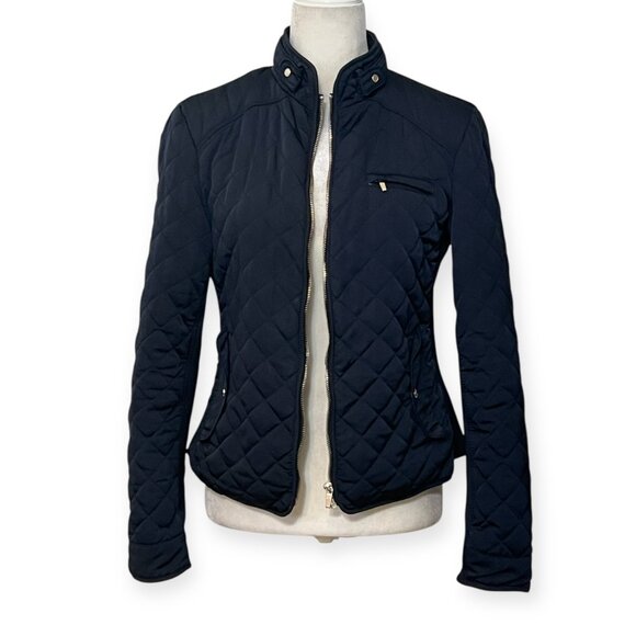 ZARA WOMAN Dark Navy Quilted Jacket L Moto Zip Short Puffer Biker Style Fall - Picture 2 of 10